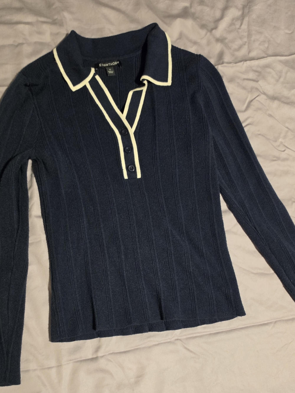 41 Hawthorn Navy Ribbed Long-Sleeve Polo with Cream Trim